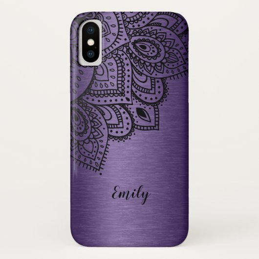 Paarse metallische achtergrond zwart Mandala Case-Mate iPhone Case (Achterkant)