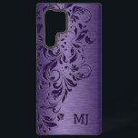 Paarse metallische textuur en vlakke kant samsung galaxy hoesje<br><div class="desc">Paars ontwerp van de florale kant boven een afbeelding met een paarse metalen ondergrond.</div>