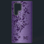 Paarse metallische textuur en vlakke kant samsung galaxy hoesje<br><div class="desc">Paars ontwerp van de florale kant boven een afbeelding met een paarse metalen ondergrond.</div>