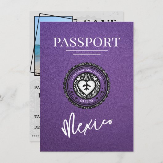 Paarse Mexicaanse paspoort Bewaar de datum Save The Date (Voorkant / Achterkant)