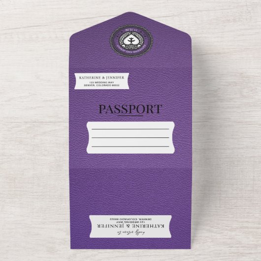 Paarse Mexicaanse paspoortbruiloft All In One Uitnodiging (Buitenkant)