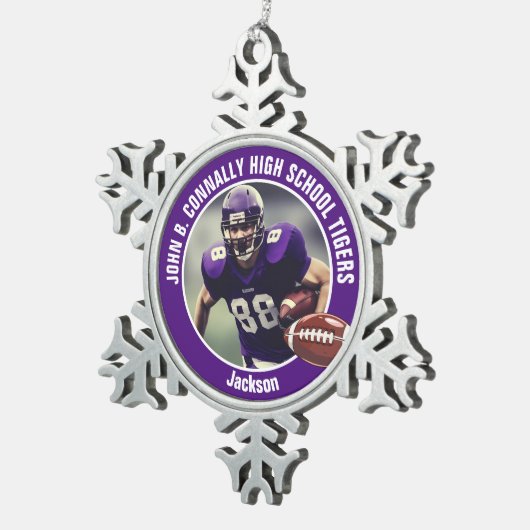 Paarse Middelbare School Football Speler Foto Cust Tin Sneeuwvlok Ornament (Rechts)
