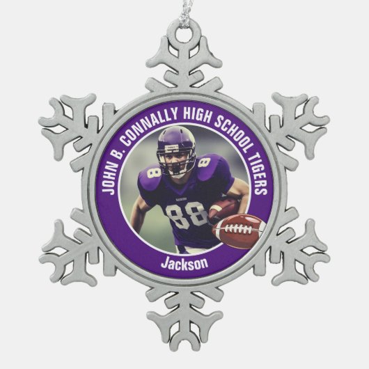 Paarse Middelbare School Football Speler Foto Cust Tin Sneeuwvlok Ornament (Voorkant)