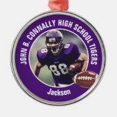 Paarse Middelbare School Football Speler Foto Kers Metalen Ornament (Voorkant)