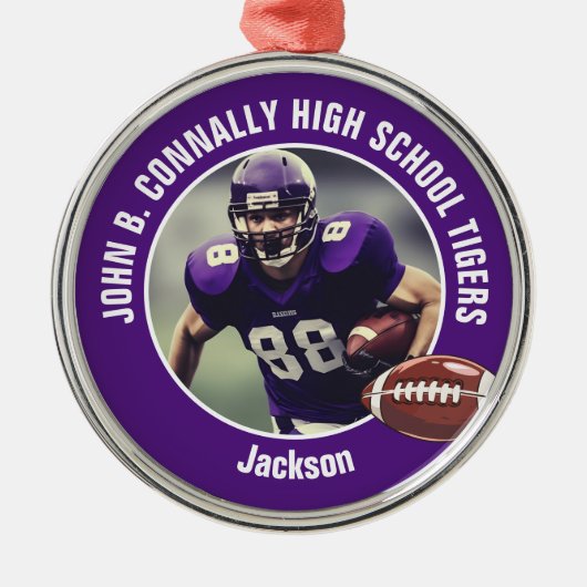 Paarse Middelbare School Football Speler Foto Kers Metalen Ornament (Voorkant)