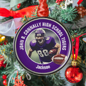 Paarse Middelbare School Football Speler Foto Kers Metalen Ornament