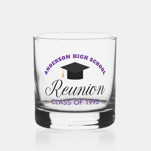 Paarse middelbare school reünie partij aangepaste whisky glas (Voorkant)