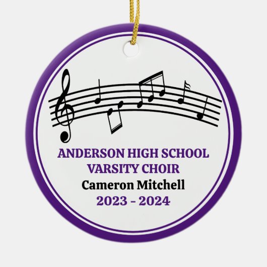 Paarse middelbare schoolkoor aangepaste kerst keramisch ornament (Voorkant)