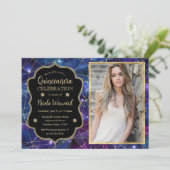 Paarse Midnight Crystal Galaxy Quinceanera foto Kaart (Staand voorkant)