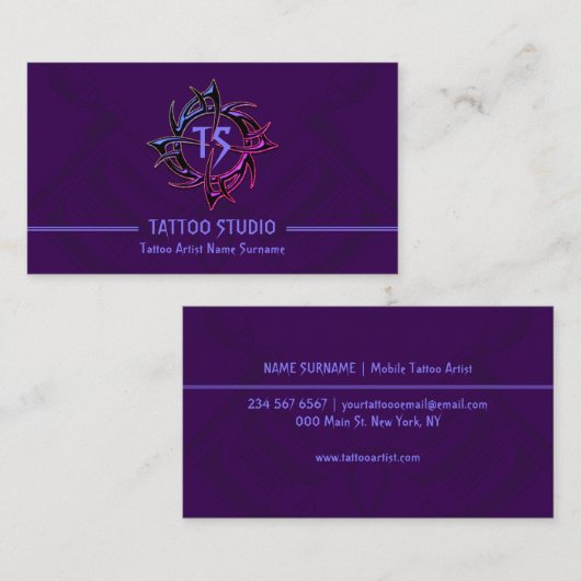 Paarse  Minimal Modern Tattoo Studio Visitekaartje (Voorkant / Achterkant)