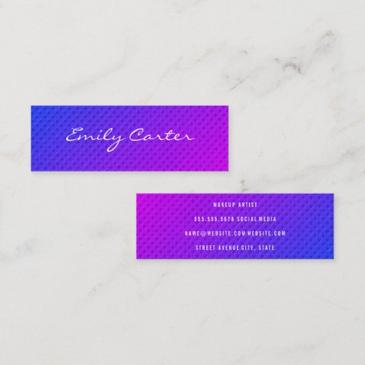 Paarse, minimale overvloeicursieve lettertype mini visitekaartje (Voorkant / Achterkant)