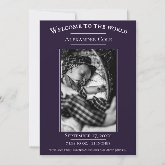 Paarse minimalistische aankondiging van geboorte f (Voorkant)