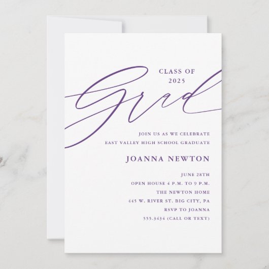 Paarse minimalistische afstudeerpartijuitnodiging kaart (Voorkant)