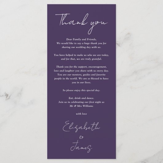Paarse minimalistische bruiloft dank u plaats kaar menu (Voorkant)
