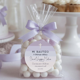 Paarse minimalistische doop en eerste verjaardag ronde sticker