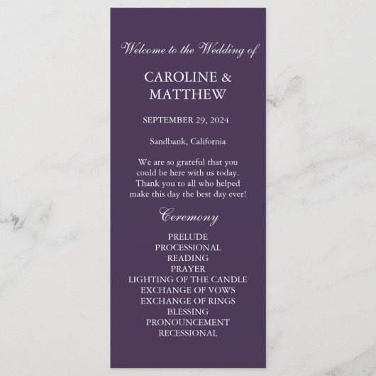 Paarse minimalistische eenvoudige moderne elegante programmakaart (Voorkant)