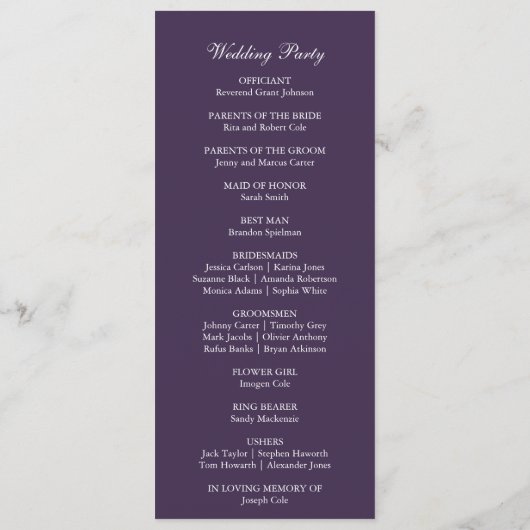 Paarse minimalistische eenvoudige moderne elegante programmakaart (Achterkant)