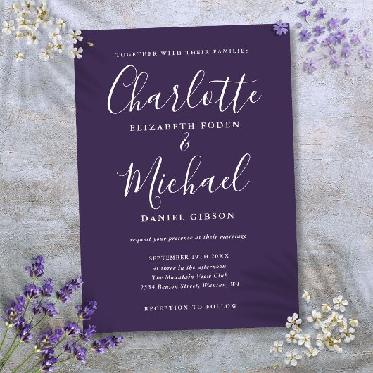 Paarse Minimalistische Elegante Script Bruiloft Kaart