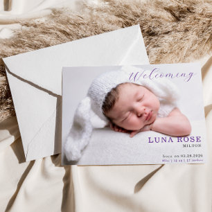 Paarse Minimalistische Foto Baby Aankondigingskaar