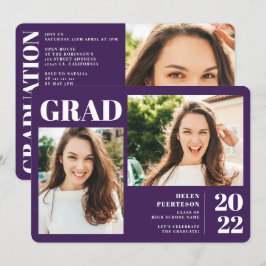 Paarse minimalistische moderne 3 foto's afstuderen kaart