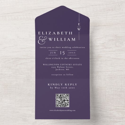 Paarse Minimalistische Monogram QR Code Trouwen All In One Uitnodiging (Binnen)