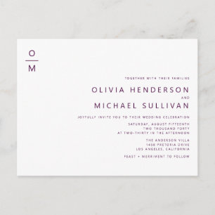 Paarse Minimalistische Monogram QR Code Trouwen Uitnodiging Briefkaart