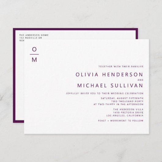 Paarse Minimalistische Monogram QR Code Trouwen Uitnodiging Briefkaart (Voorkant / Achterkant)