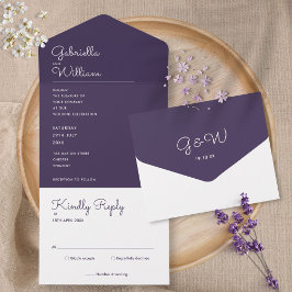 Paarse Minimalistische Script Monogram Huwelijk All In One Uitnodiging