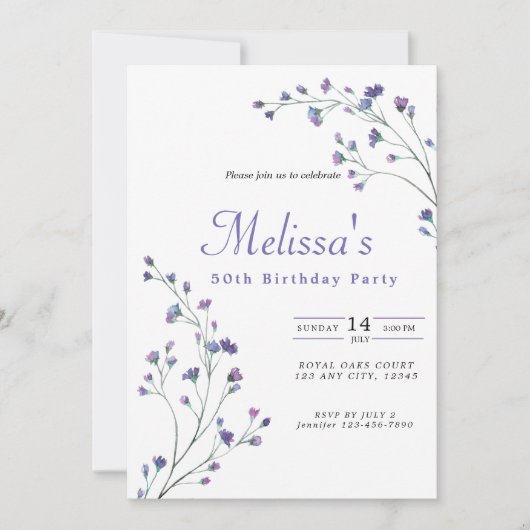 Paarse Minimalistische Wildbloemen 50ste Verjaard Kaart (Voorkant)