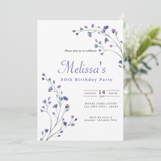  Paarse Minimalistische Wildbloemen 50ste Verjaard Kaart (Staand voorkant)