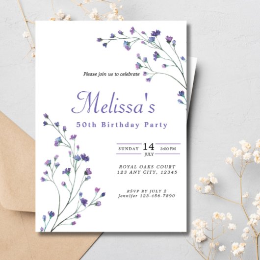  Paarse Minimalistische Wildbloemen 50ste Verjaard Kaart