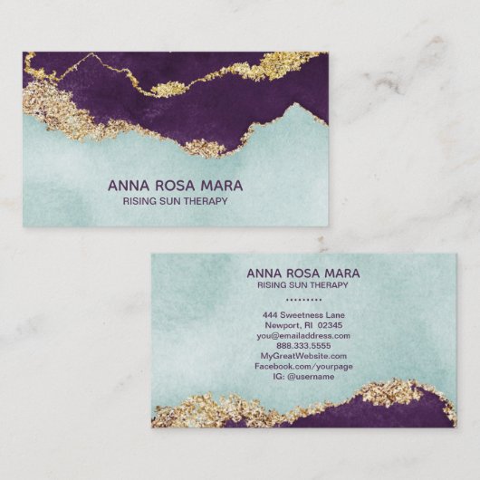 *~* Paarse Mint Blue Agate Geode Gold Glitter Visitekaartje (Voorkant / Achterkant)