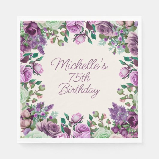 Paarse Mint Groene Waterverf Bloemen 75e Verjaarda Servet (Voorkant)
