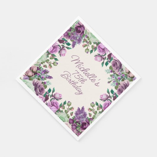 Paarse Mint Groene Waterverf Bloemen 75e Verjaarda Servet (Hoek)