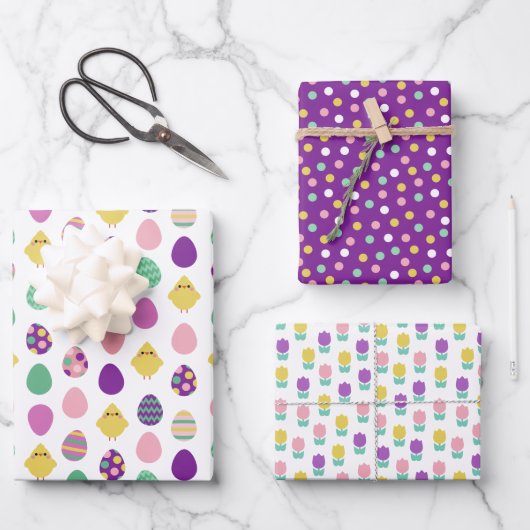Paarse Mint Kippeneieren Tulpen Paaspatronen Inpakpapier Vel (Voorkant)