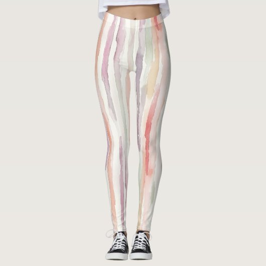 Paarse Mint Perzik Roze Strepen Leggings (Voorkant)
