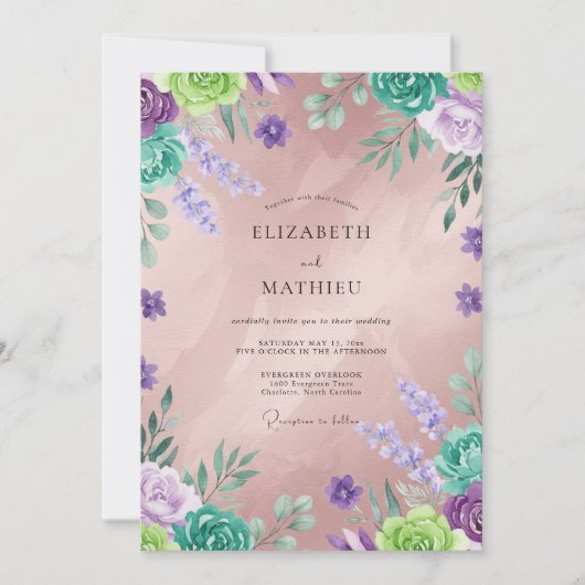 Paarse Mint Wilde Bloemen Bruiloft Kaart (Voorkant)