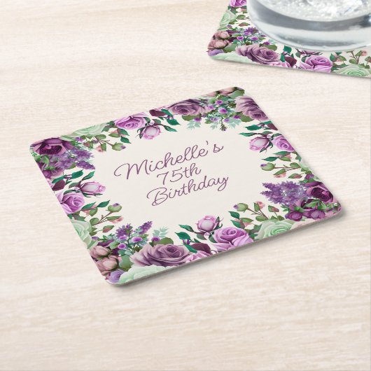 Paarse Mintgroene Waterverf Bloem 75e Verjaardag Kartonnen Onderzetters (Schuin)
