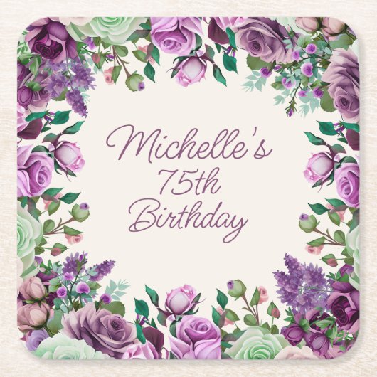 Paarse Mintgroene Waterverf Bloem 75e Verjaardag Kartonnen Onderzetters (Voorkant)