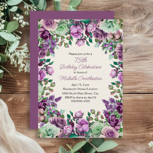 Paarse Mintgroene Waterverf Bloemige 75e Verjaarda Kaart