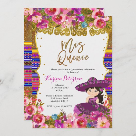 Paarse Mis Quince Mexican Birthday Uitnodiging (Voorkant / Achterkant)