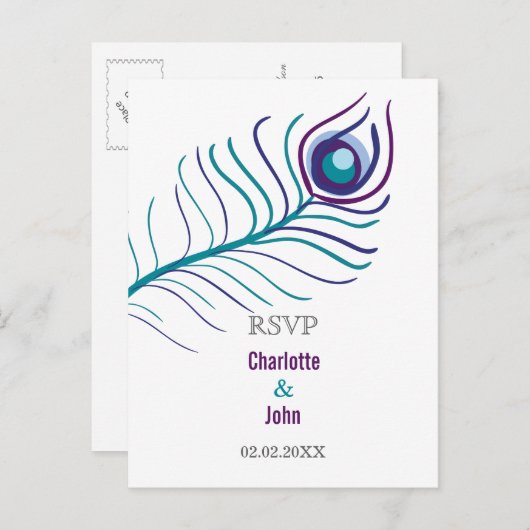 Paarse mod, blauwgroen blauwe pauw bruiloft rsvp uitnodiging briefkaart (Voorkant / Achterkant)