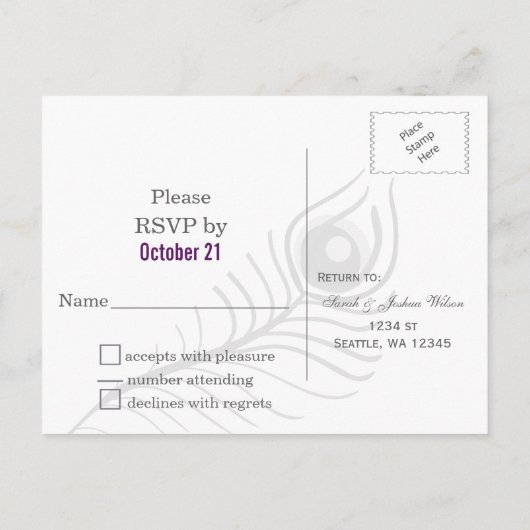 Paarse mod, blauwgroen blauwe pauw bruiloft rsvp uitnodiging briefkaart (Achterkant)