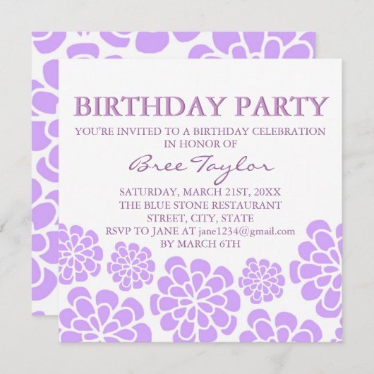 Paarse Mod Flower Design verjaardagsuitnodiging Kaart (Voorkant / Achterkant)