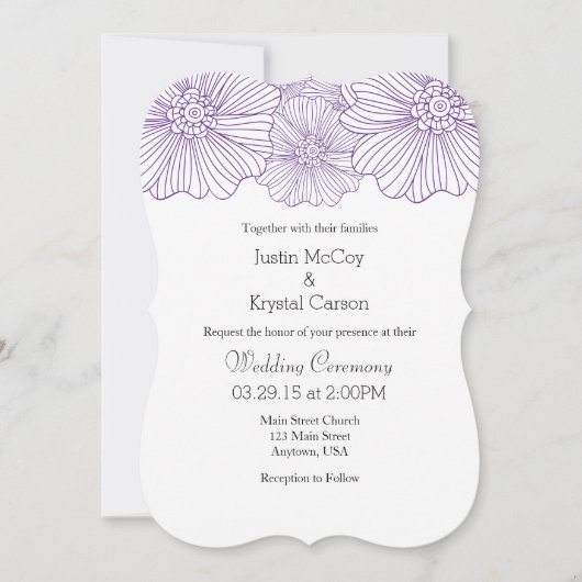Paarse Mod Flower omlijnt Wedding Invitations Kaart (Voorkant)