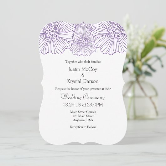 Paarse Mod Flower omlijnt Wedding Invitations Kaart (Staand voorkant)
