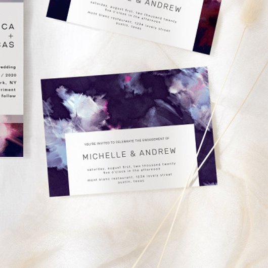 Paarse Modern Brush Stroke Engagement Party Kaart