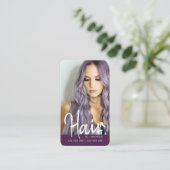 Paarse Modern Chic Hair Stylish QR code foto Visitekaartje (Staand voorkant)