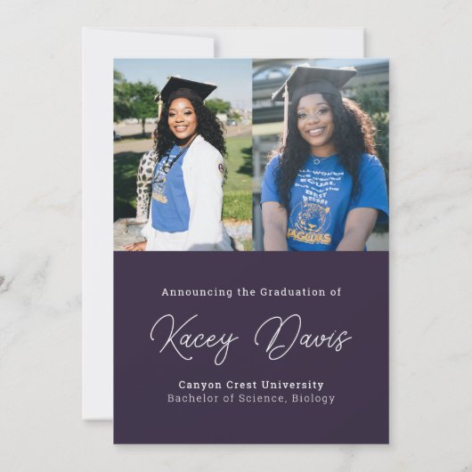 Paarse Modern Class Jaar van en Foto Afstuderen Aankondiging (Achterkant)