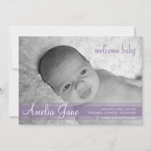 Paarse moderne Baby Aankondiging (Voorkant)